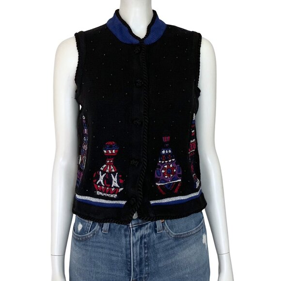 American Vintage Jackets & Blazers - Vintage 90s Black Beaded Sweater Vest Christmas. Small. Cottagecore Embroidered